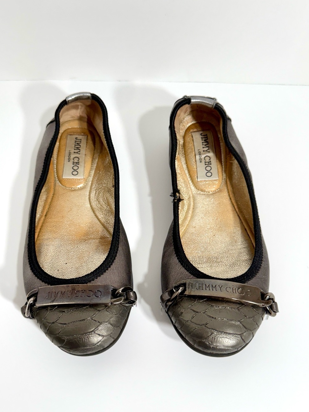 Jimmy Choo Pewter Gray Croc Embossed Ballet Flats Women's Sz EU 35 / USA 4.5
